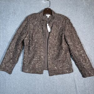 Chicos Sequin Jacket Womens Medium Brown Rose Sequin Open Evening Glam Taupe